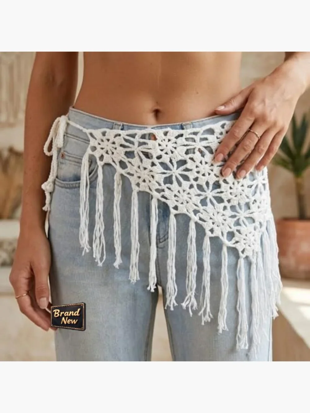 Crochet Fringe Tie Waist Belt Boho Tassel Hip Scarf Y2K Wrap Cover Up Festival